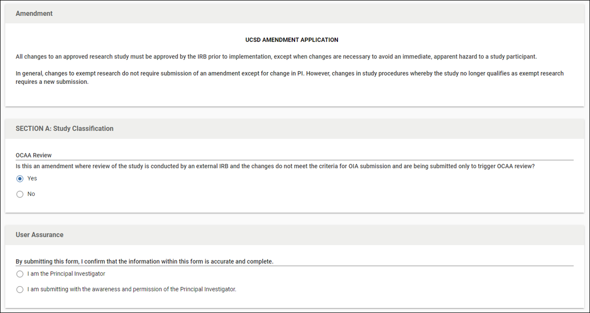 Screenshot of OCAA question in Kuali IRB amendment application